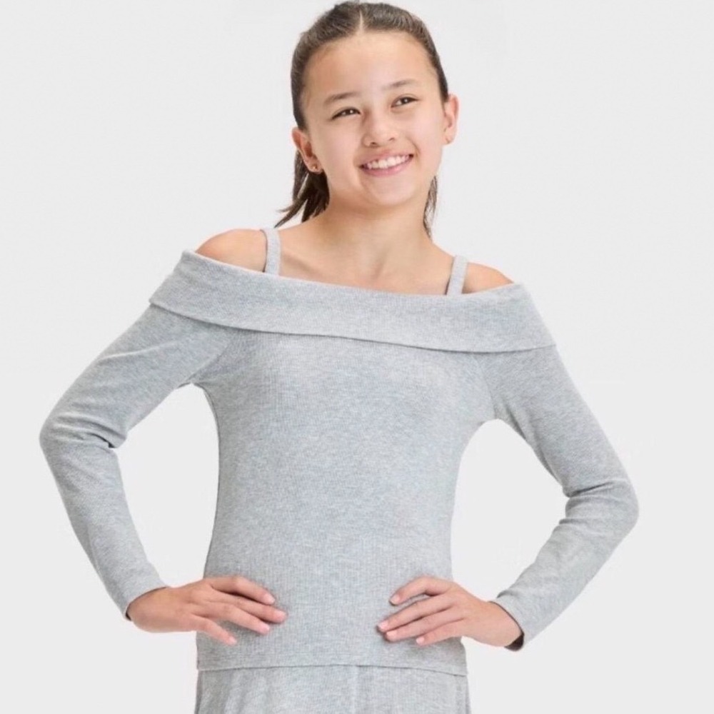 Target Cold Shoulder Top Girls XS 4/5 Heather Grey New Ribbed Long Sleeve Strap